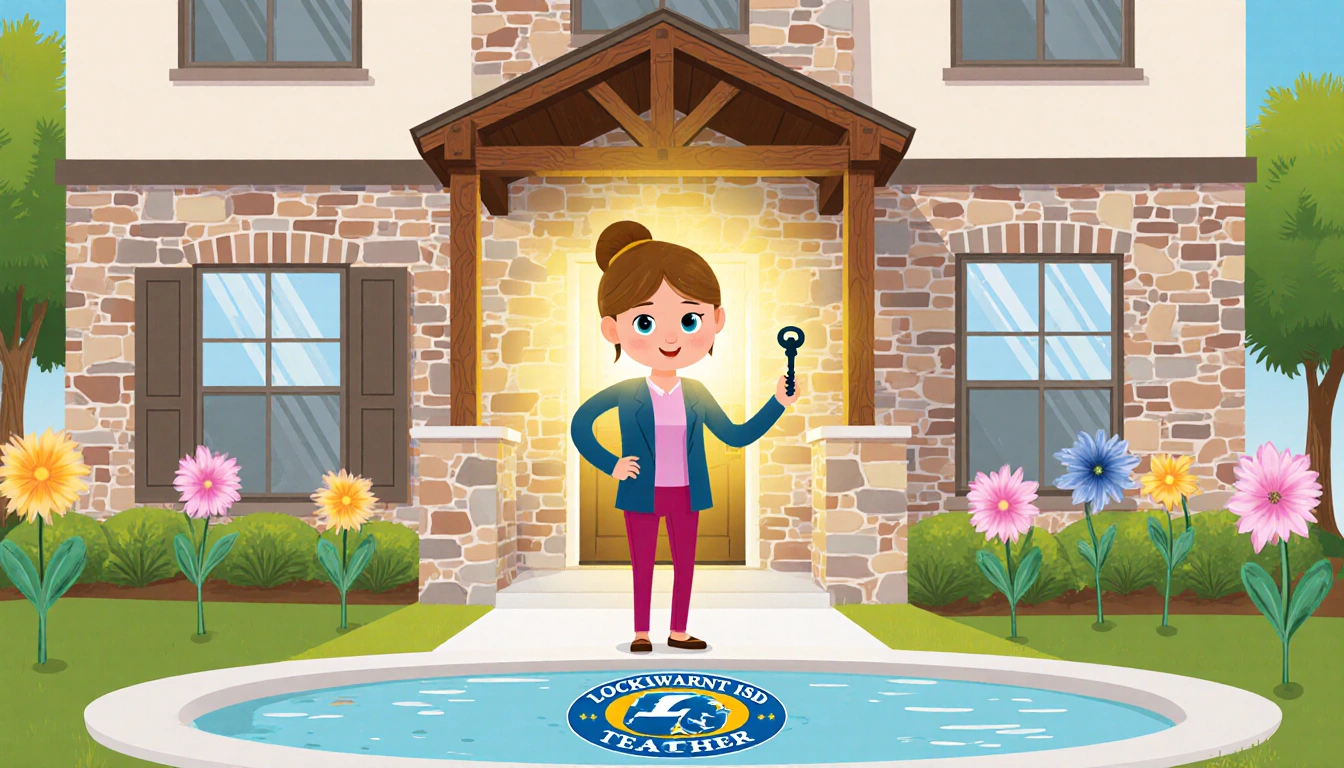 Teacher holding miniature key with wood housing in background and pool reflecting Lockhart ISD logo