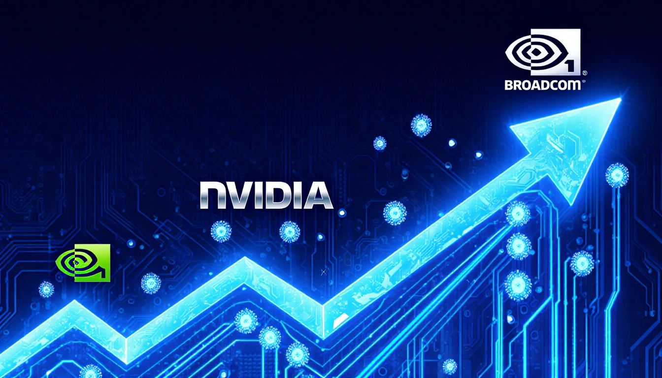 Rising graph line depicts tech sector growth with electric blue lines and circuit board background