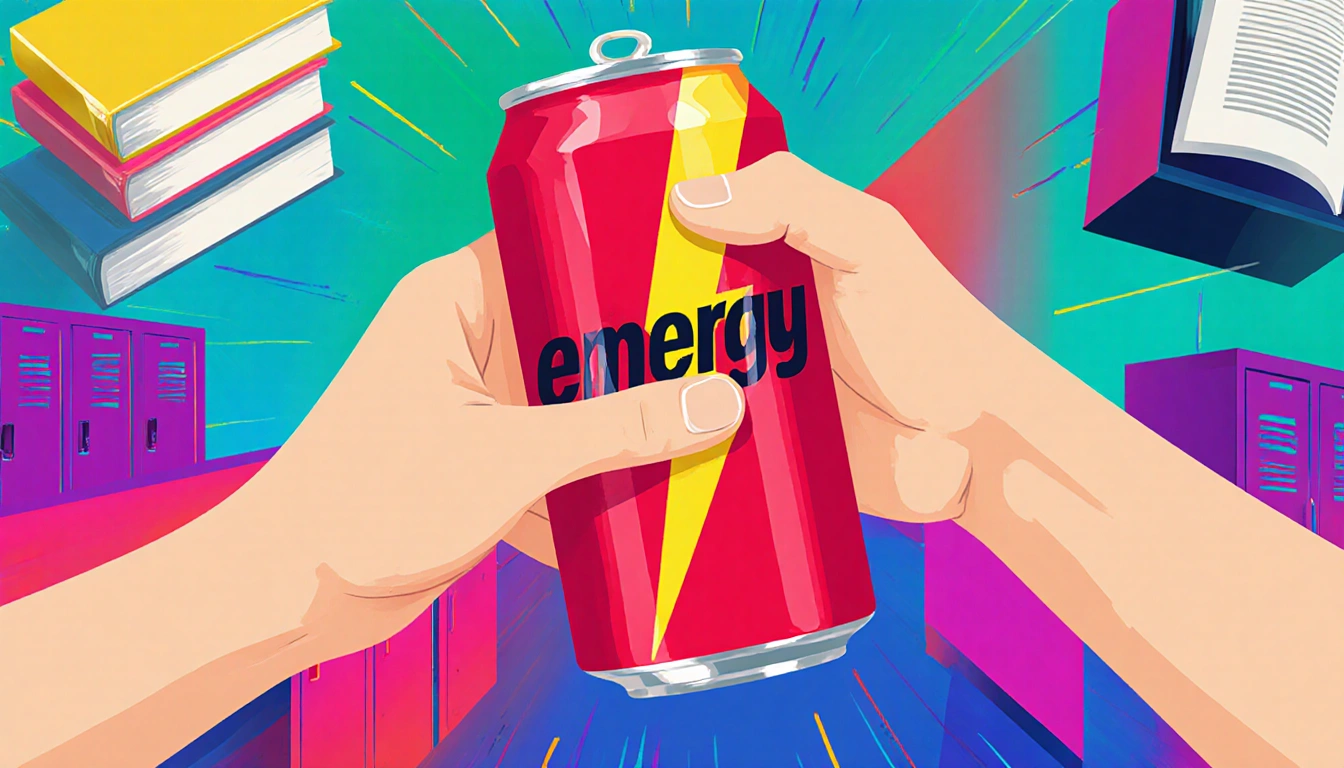 Teenage hand holding energy drink can with vibrant background and slightly blurred hand near school lockers