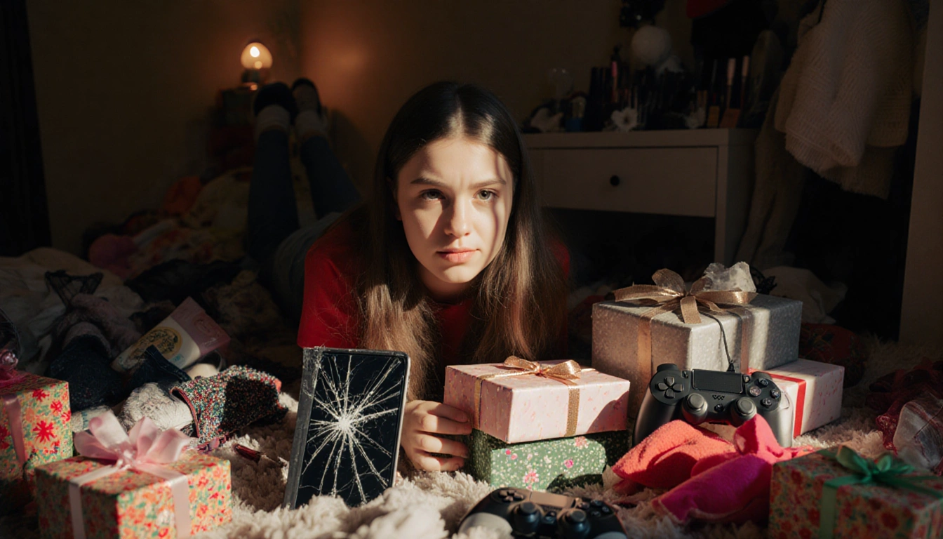 Teenage girl scrolling on cracked phone with a meh look and unwanted gifts scattered around her and a gaming console beside a