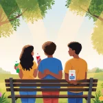 Teenagers on a park bench look toward horizon with lush greenery flowers and drinks radiating hope.
