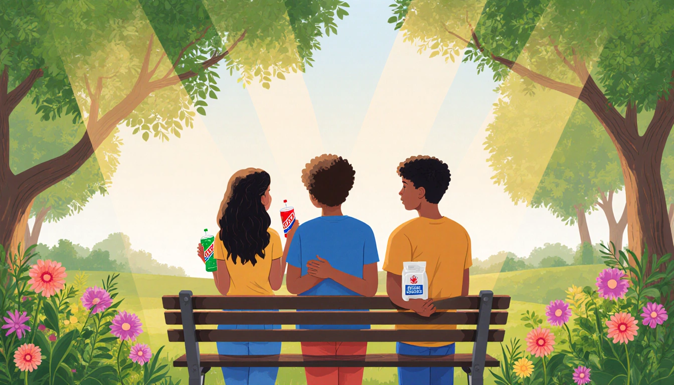 Teenagers on a park bench look toward horizon with lush greenery flowers and drinks radiating hope.