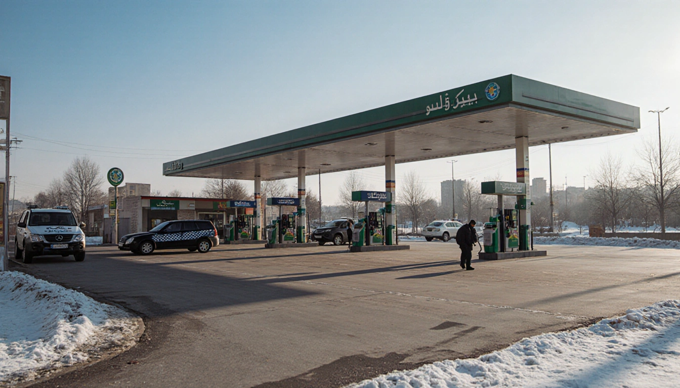 Drivers refueling cars at a Tehran gas station with empty fuel pumps and nearby police vehicles under clear blue sky