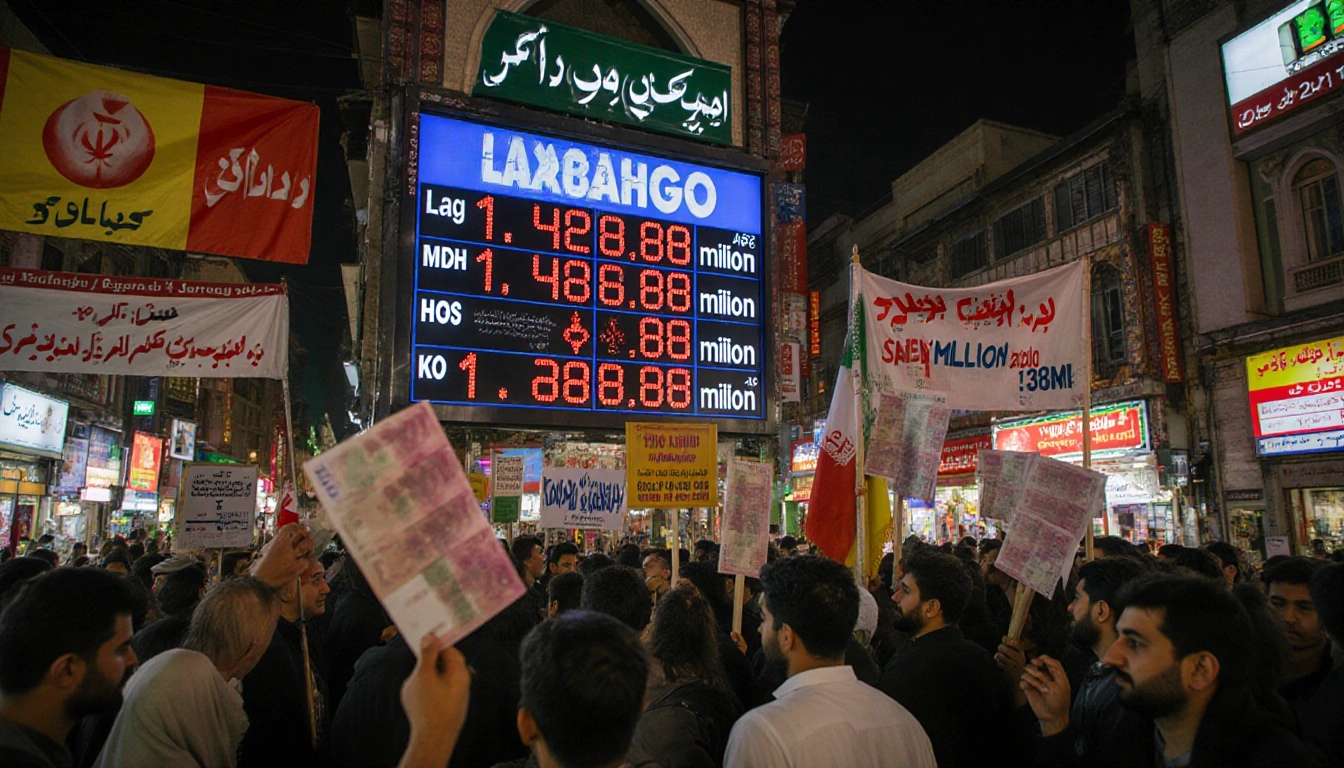 Protesters holding signs in Tehran market with screen showing currency decline and crowd holding rial bills