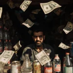 Vendor reflecting his face on a shiny dollar bill on the counter with a stack of empty bottles and cans and fluttering crumbl