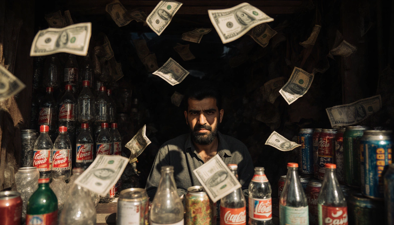 Vendor reflecting his face on a shiny dollar bill on the counter with a stack of empty bottles and cans and fluttering crumbl