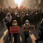 Protesters march toward camera with signs and children among them and police in riot gear nearby golden hour light