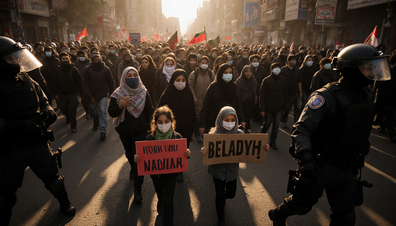 Protesters march toward camera with signs and children among them and police in riot gear nearby golden hour light