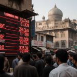 Crowd reading gasoline price board with red lines and numbers in Tehran market.
