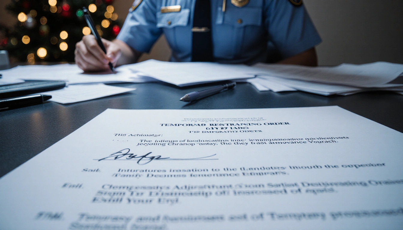Temporary restraining order signed by judge sits on cluttered desk with faded immigration officer and holiday lights in backg