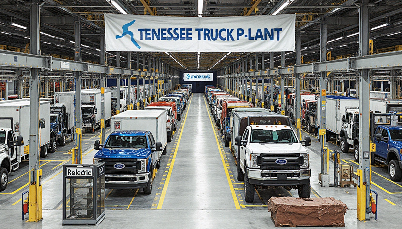 Workers rearranging gas truck assembly line with a Rebranding banner above and an Electric tag on an old display case
