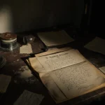 Script unfolding on dusty wooden table with yellowed pages and faded handwritten notes