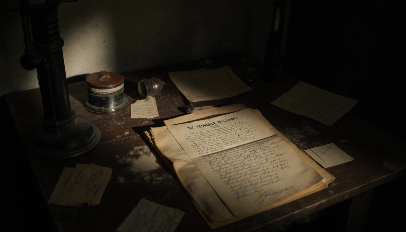 Script unfolding on dusty wooden table with yellowed pages and faded handwritten notes