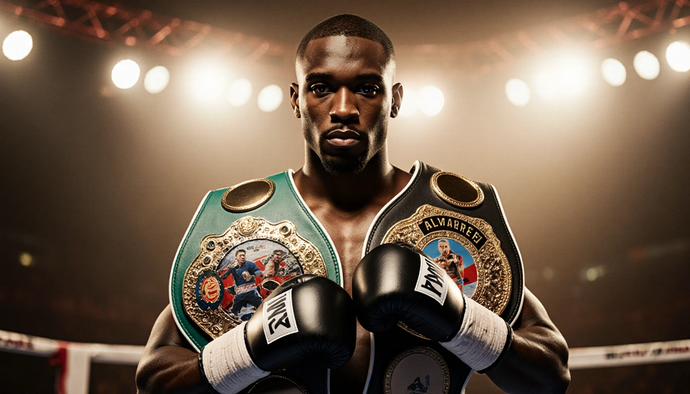 Terence Crawford stands as a boxing champion with championship belts draped over shoulders and a faint bandaged hand shadow g