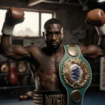 Terence Crawford celebrates boxing champion glory with WBO title belt and worn glove in dimly lit gym