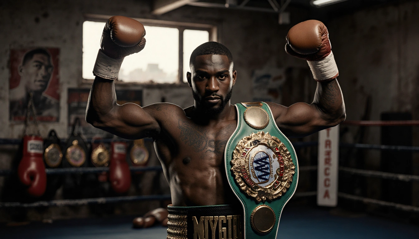 Terence Crawford celebrates boxing champion glory with WBO title belt and worn glove in dimly lit gym