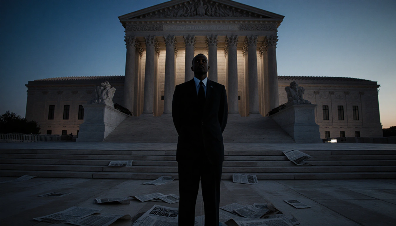 Black man Terry Pitchford standing on courthouse steps with newspapers and justice symbols while the Supreme Court looms.