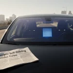 Tesla Model S parked with a note on its passenger seat about self-driving claims and autopilot and a blue glow