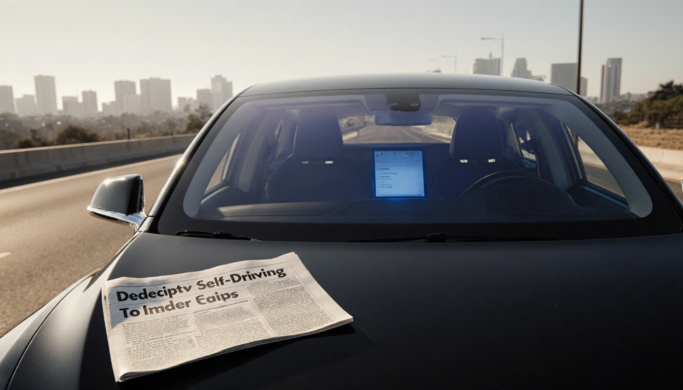 Tesla Model S parked with a note on its passenger seat about self-driving claims and autopilot and a blue glow