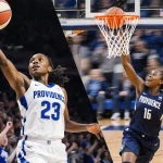 Tessa Johnson sinks a three-pointer with swirling navy blue and white fans behind while Madina Okot drives for a layup