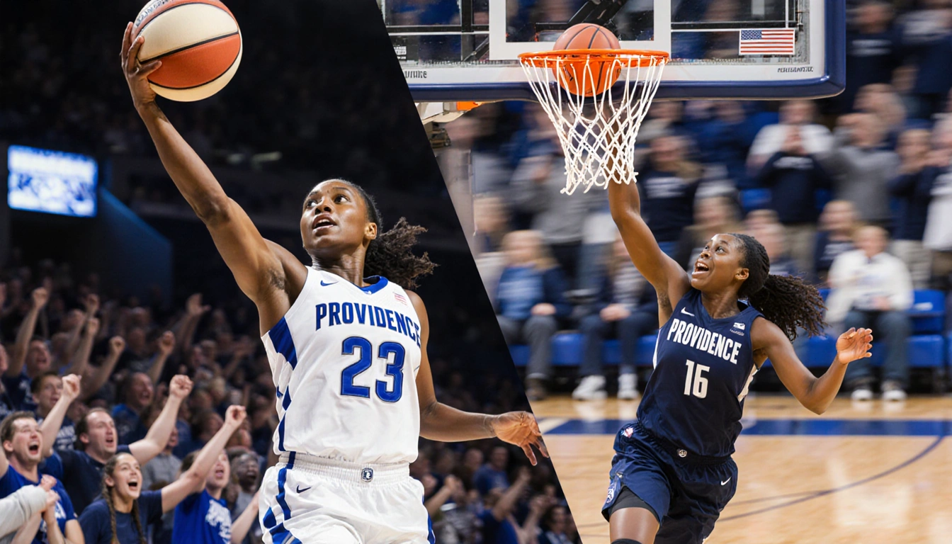 Tessa Johnson sinks a three-pointer with swirling navy blue and white fans behind while Madina Okot drives for a layup