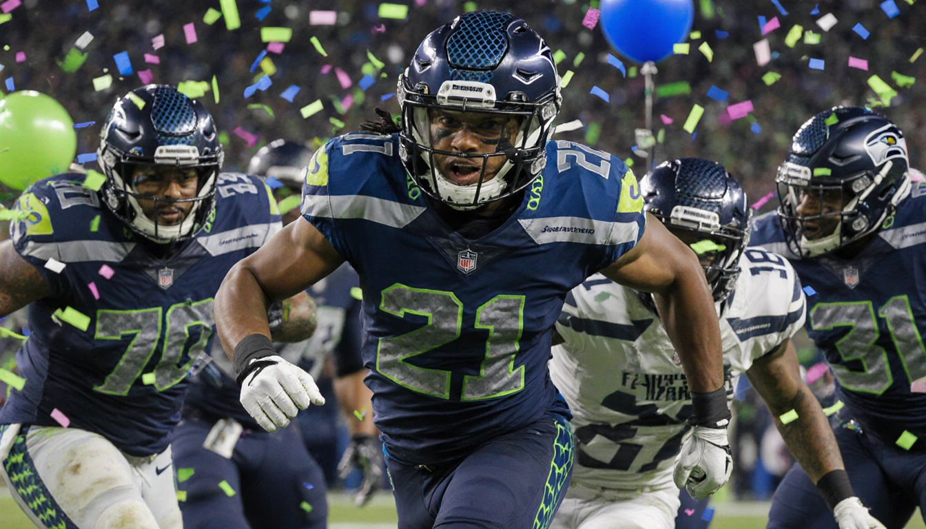 Tetairoa McMillan sprinting through Seattle defense with confetti swirling and stadium lights reflecting on helmet and champi