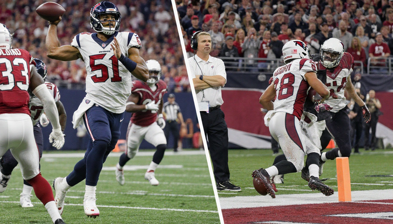 C.J. Stroud celebrating a touchdown pass while a Texans coach watches a fumble on the right.