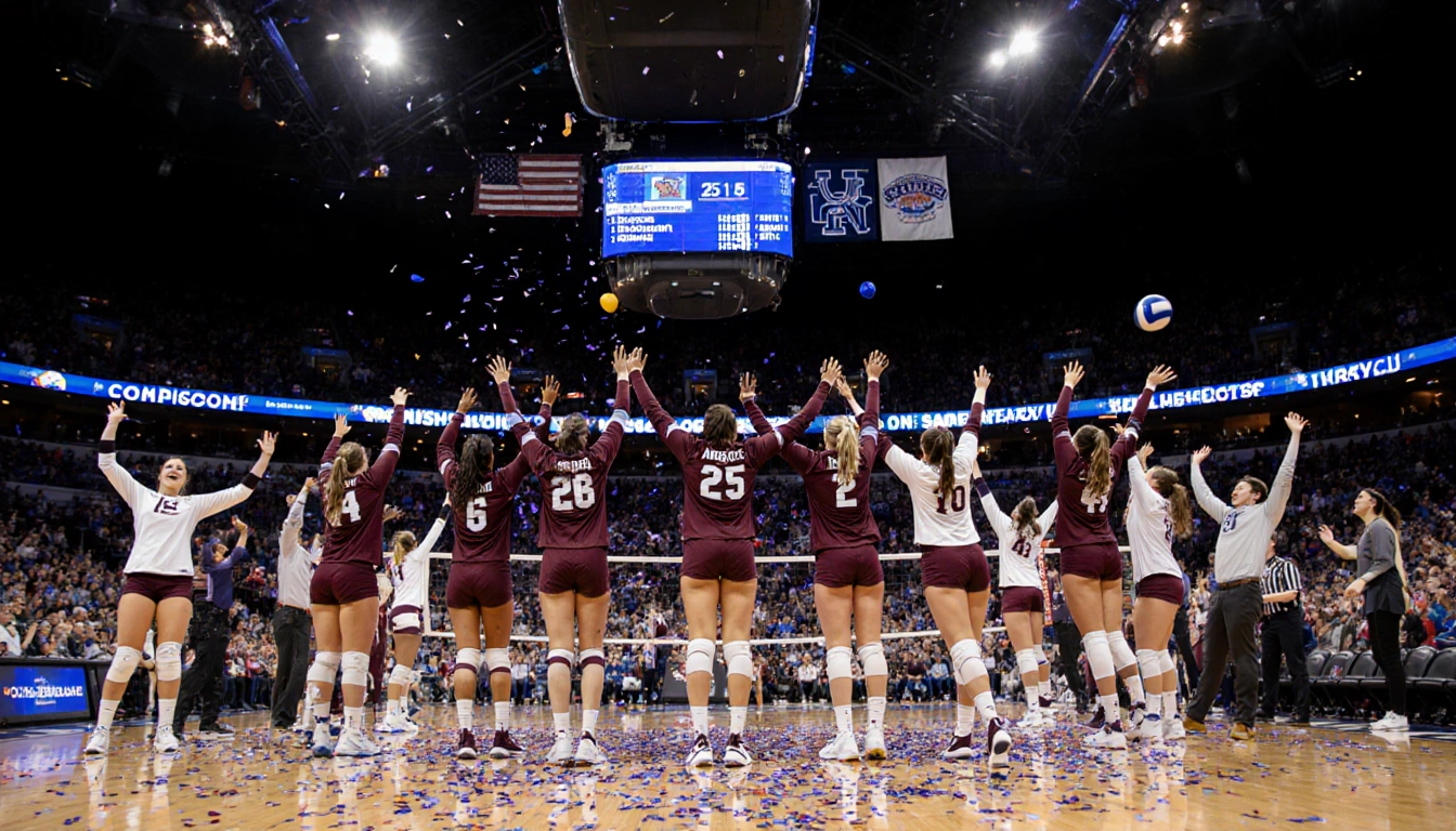 Texas A&M volleyball team celebrates victory with confetti beside scoreboard displaying set scores while opponents slump.