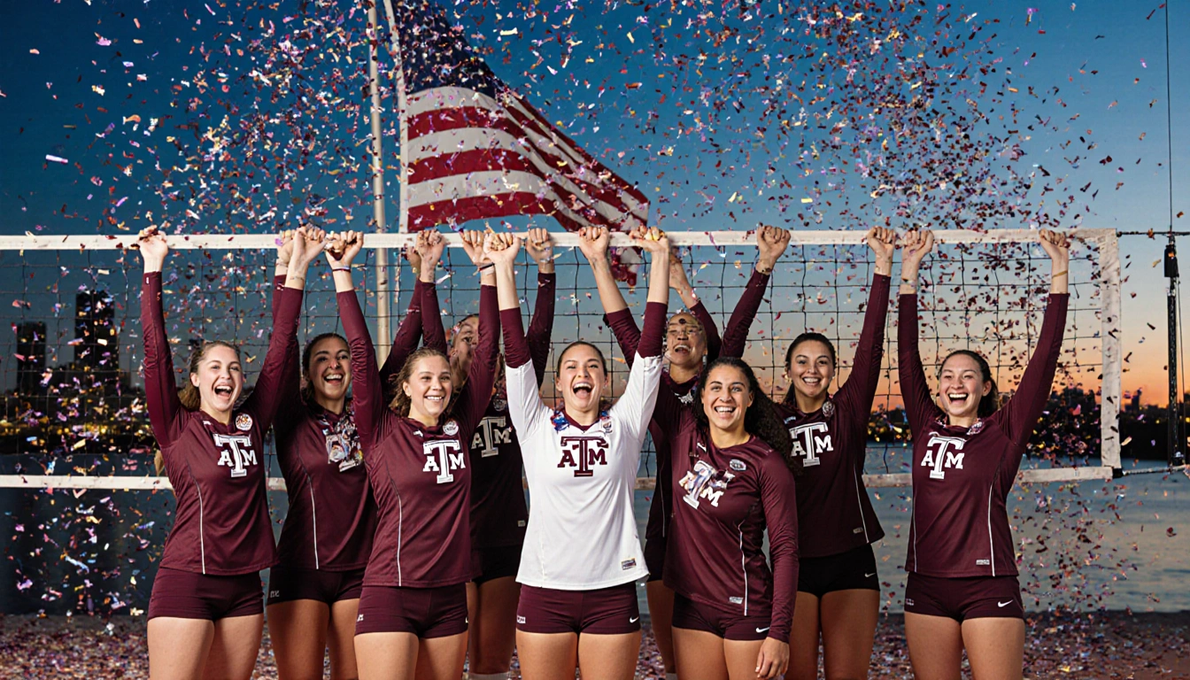 Texas A&M volleyball team celebrates with arms raised and confetti falling as Kansas City skyline Missouri River behind flag.