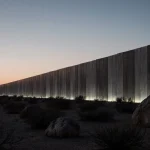 Concrete border wall glows with panels at dusk and city silhouette in background