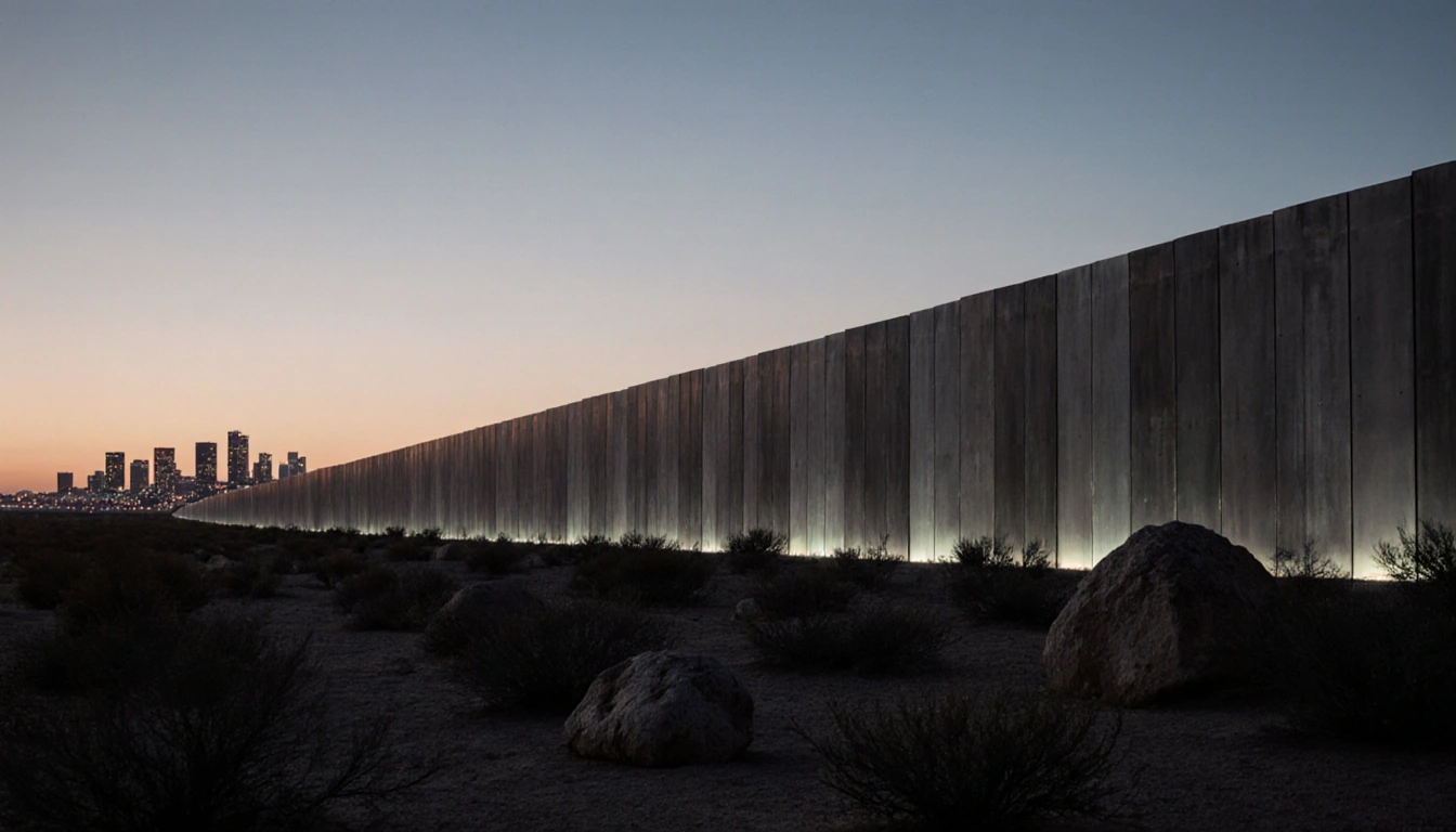 Concrete border wall glows with panels at dusk and city silhouette in background