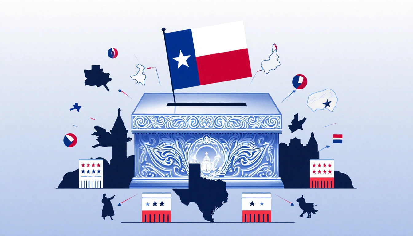 Ornate ballot box displaying Texas flag on lid with intricate historic designs and surrounding symbolic voting elements