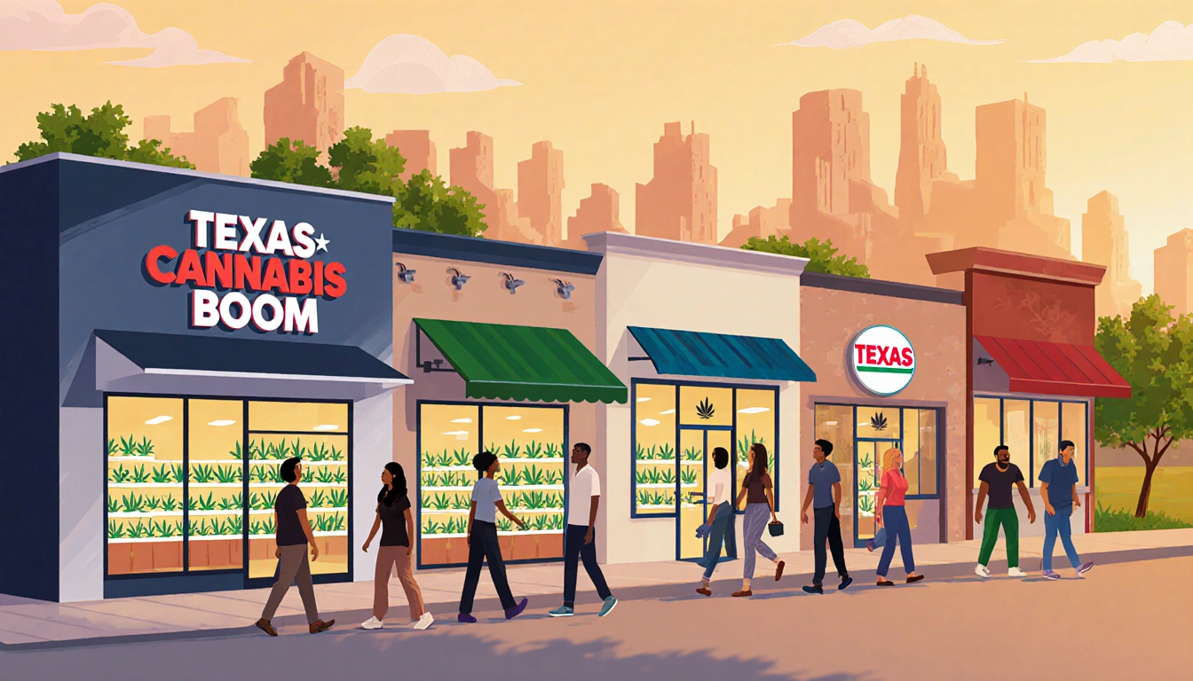 People walking into bustling medical cannabis storefronts with vibrant branding and a blurred Texas landscape