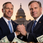 Lt. Gov. Patrick and Gov. Abbott clasp hands with Texas Capitol sunset in background and scattered tax bills