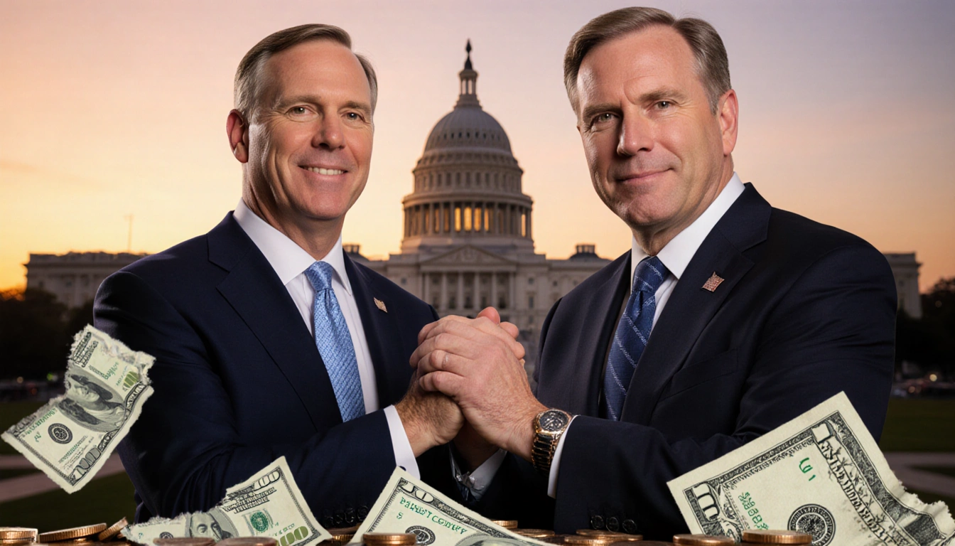 Lt. Gov. Patrick and Gov. Abbott clasp hands with Texas Capitol sunset in background and scattered tax bills