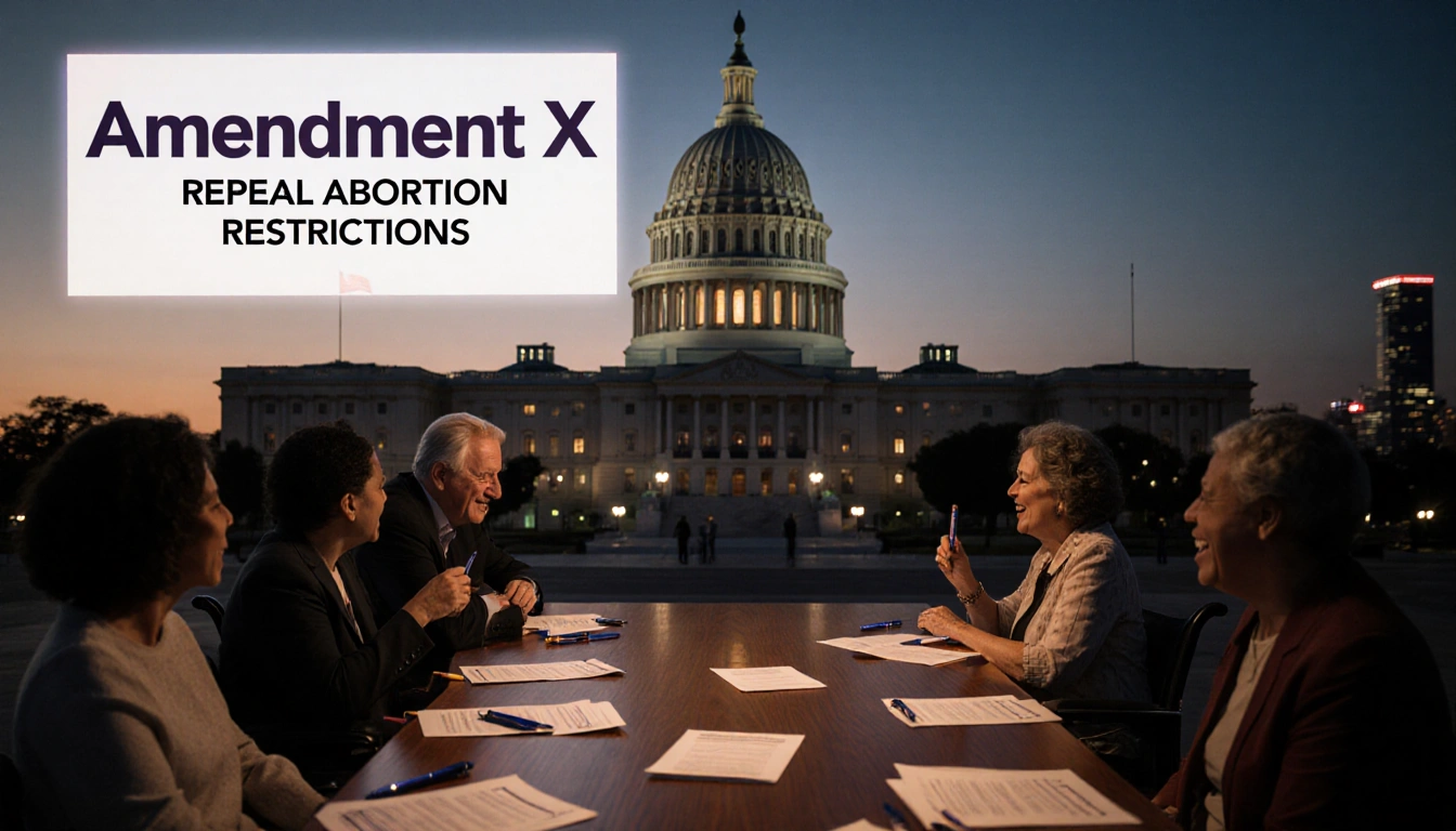 Voters discuss ballots with pens on a table and a screen showing Amendment X under light above the Texas State Capitol