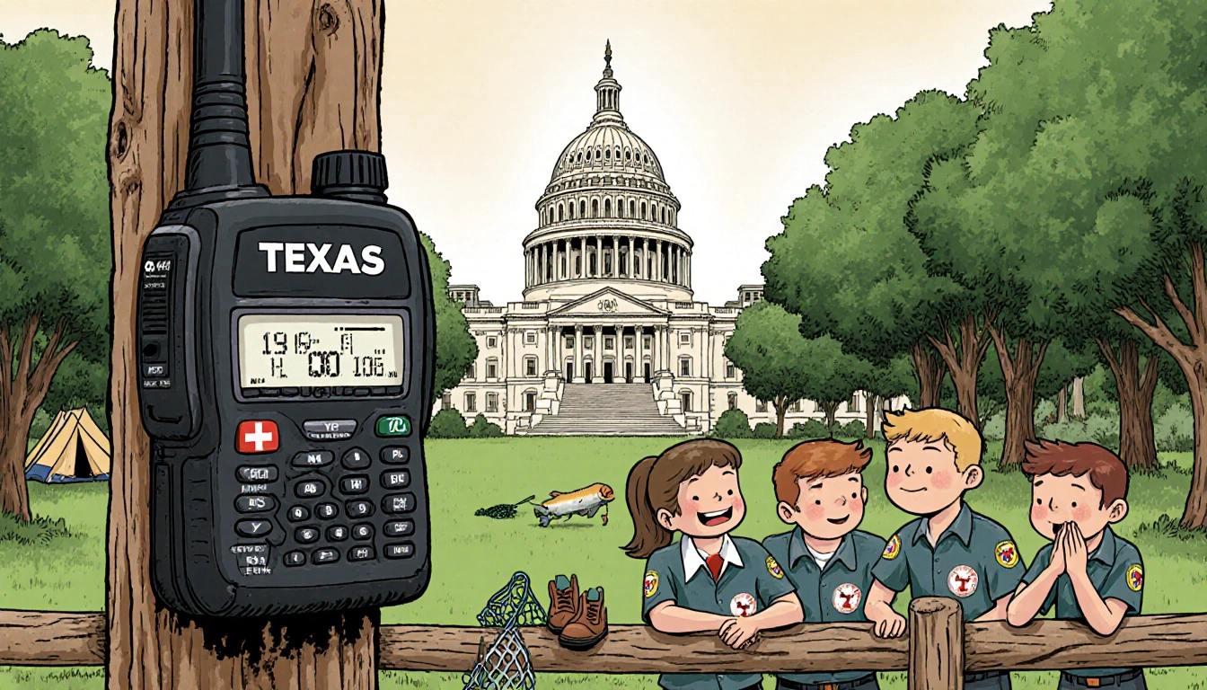 Young campers gather around a walkie-talkie with a rustic capitol building and trees in the background
