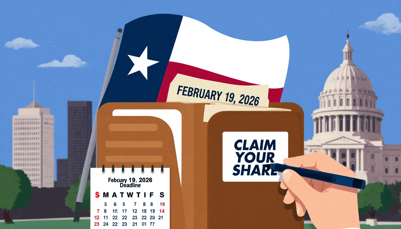 Texan holding pen with wallet and Claim Your Share sticker Texas flag waves behind and calendar shows February 19 2026.