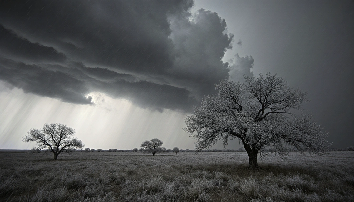 Texas trees stand tall with misty rain and frosted dew on leaves and grass