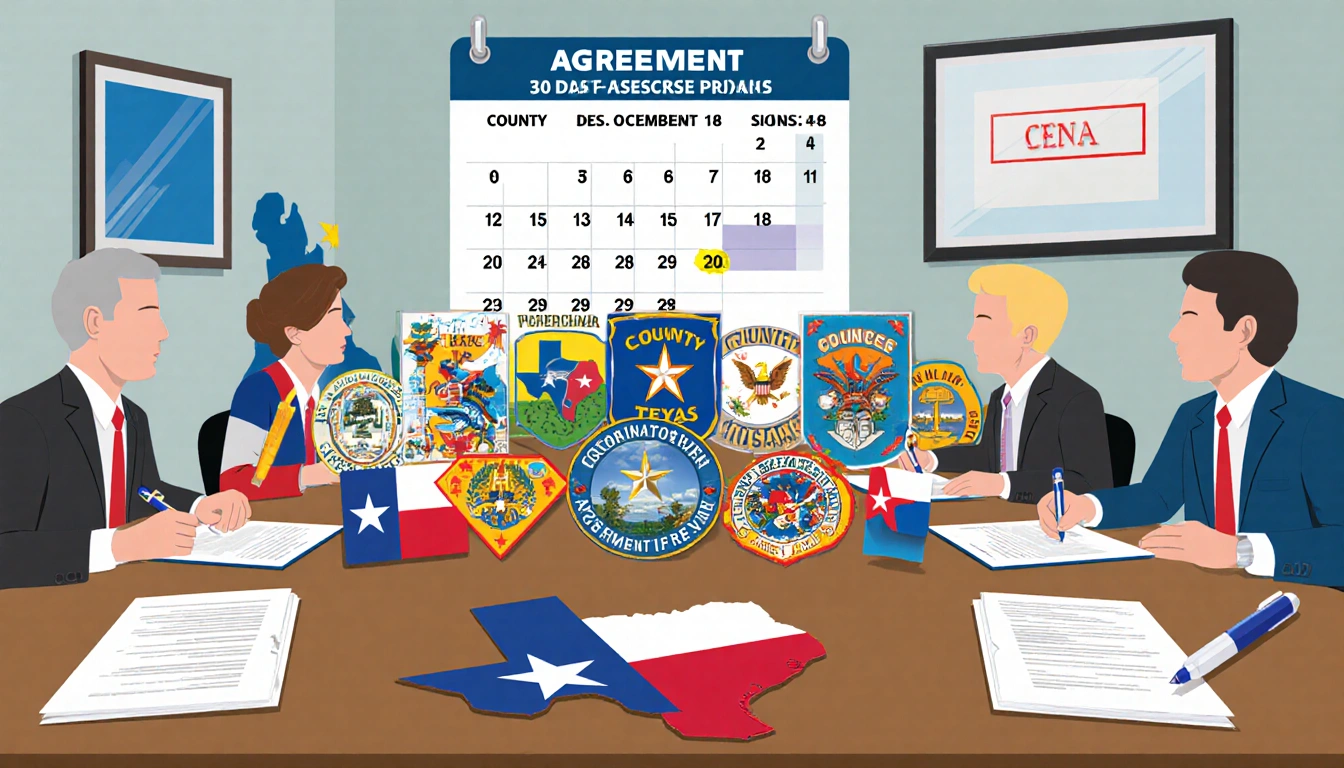 Texas county officials signing grant agreements with pens and a calendar showing December 18 while flags line the table.