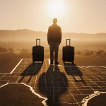 A lone figure stands between two identical suitcases with a Texas landscape at dawn and a subtle grid pattern in foreground