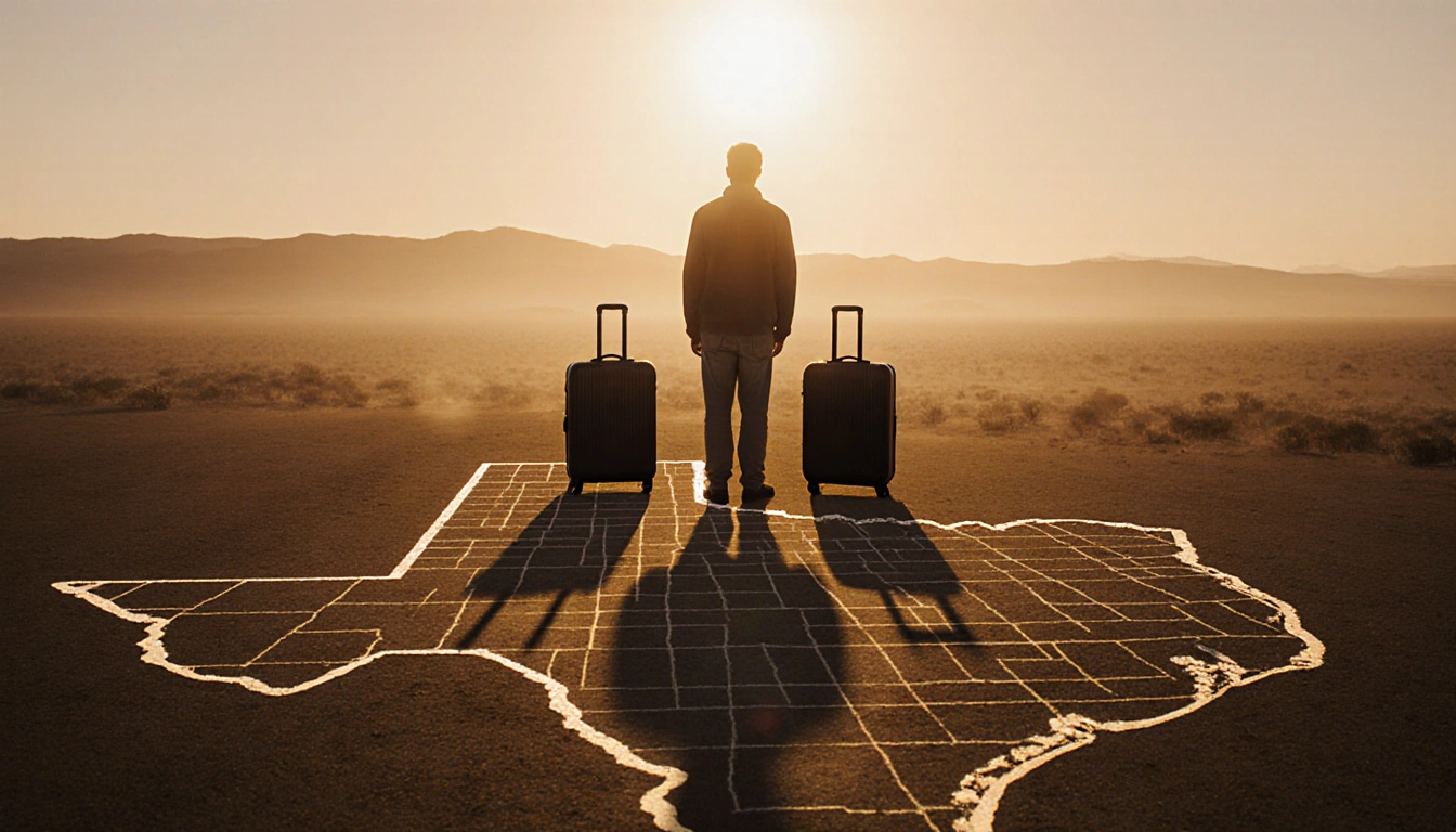 A lone figure stands between two identical suitcases with a Texas landscape at dawn and a subtle grid pattern in foreground