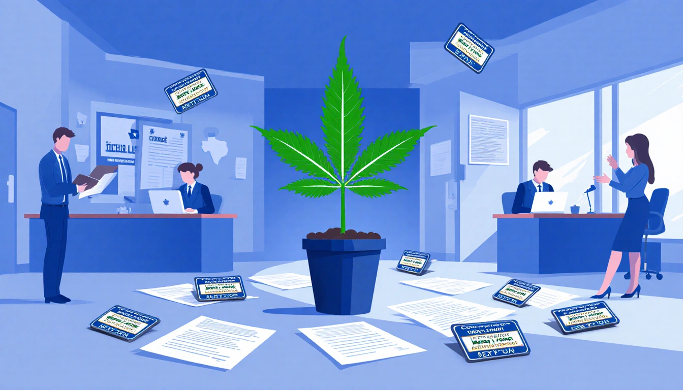 Texas DPS staff reviewing paperwork with a large growing plant symbol for Compassionate Use Registry expansion license badges