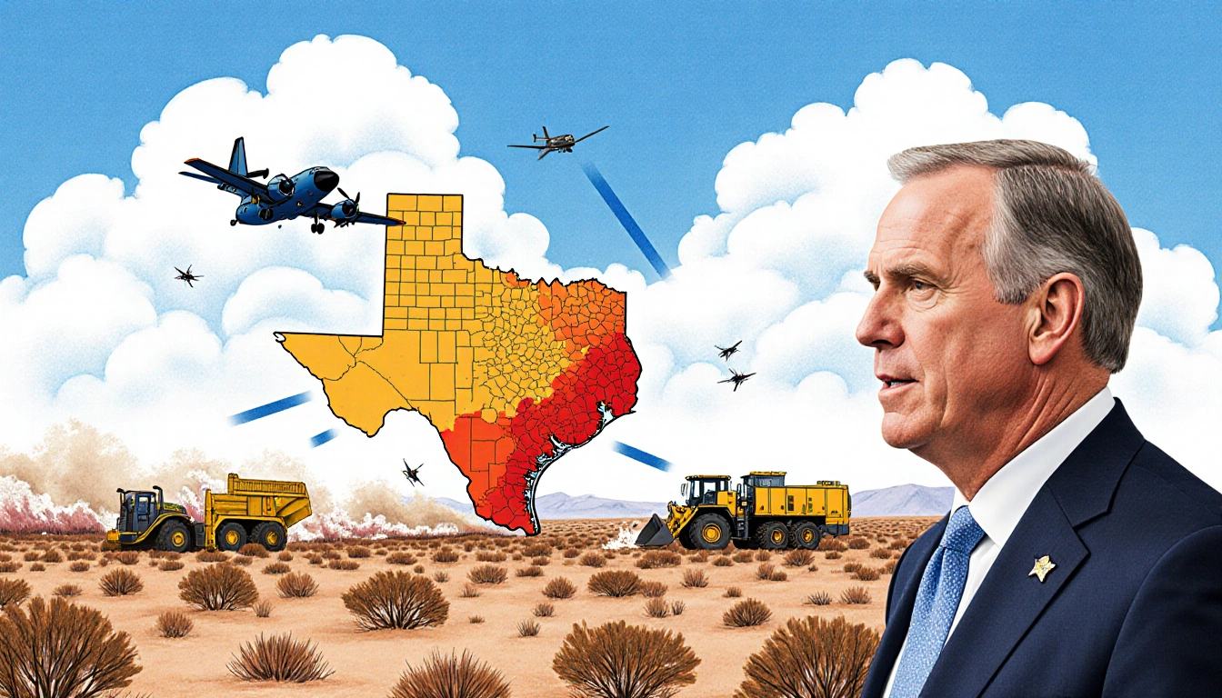 Governor Greg Abbott warns residents with Texas fire landscape aircraft heavy equipment dry vegetation background