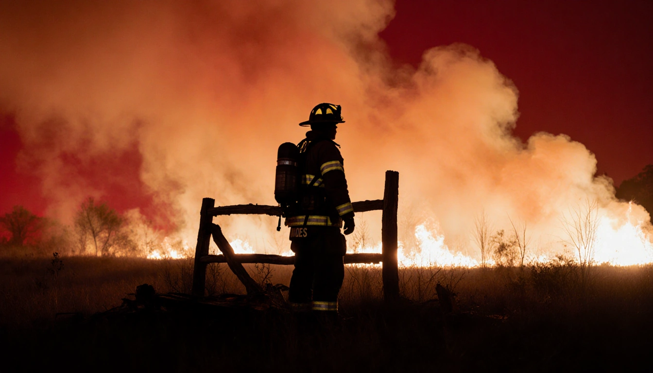 Firefighter silhouette standing and gazing at distant wildfire with broken fence post and crimson Texas sky