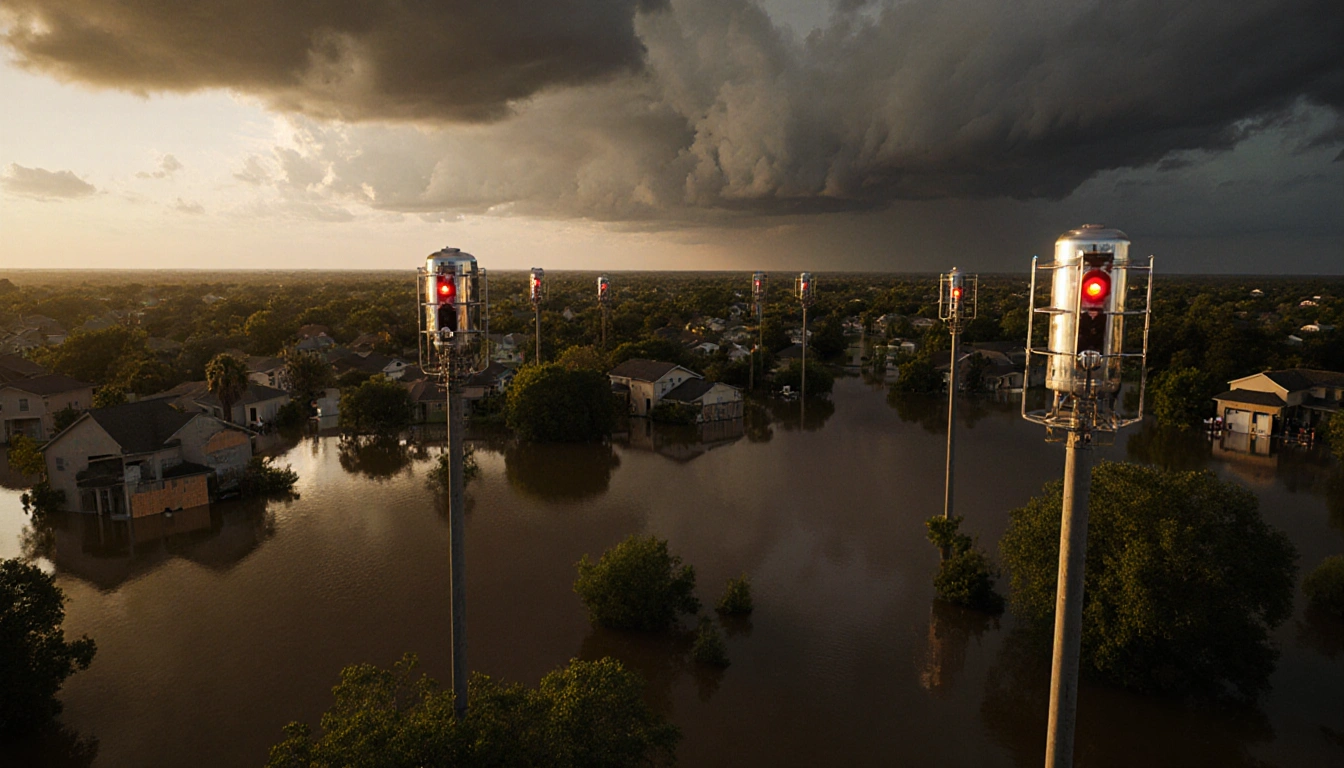 Warning sirens illuminating flooded Texas landscape with green floodplain and evacuating residents
