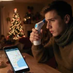 Person in winter jacket holding thermometer at kitchen table with smartphone showing Texas flu map in warm light.