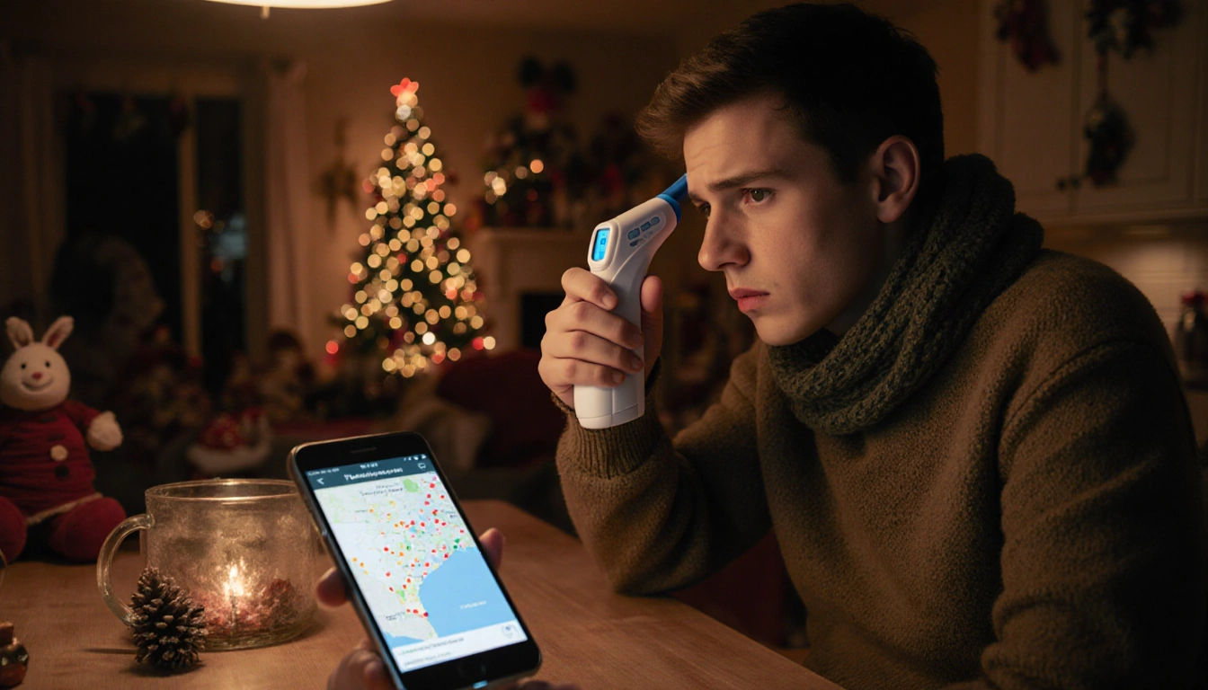 Person in winter jacket holding thermometer at kitchen table with smartphone showing Texas flu map in warm light.