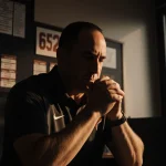 Steve Sarkisian seated at his desk reviewing a roster board with 65 names and a stadium silhouette in the background