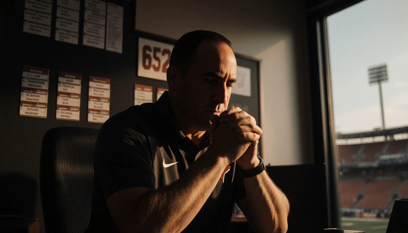 Steve Sarkisian seated at his desk reviewing a roster board with 65 names and a stadium silhouette in the background